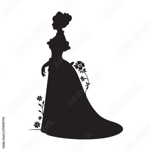 Silhouette of Victorian Woman with Flowers Elegant Lady in Gown with Floral Adornments 19th Century Fashion Noblewoman in Formal Dress