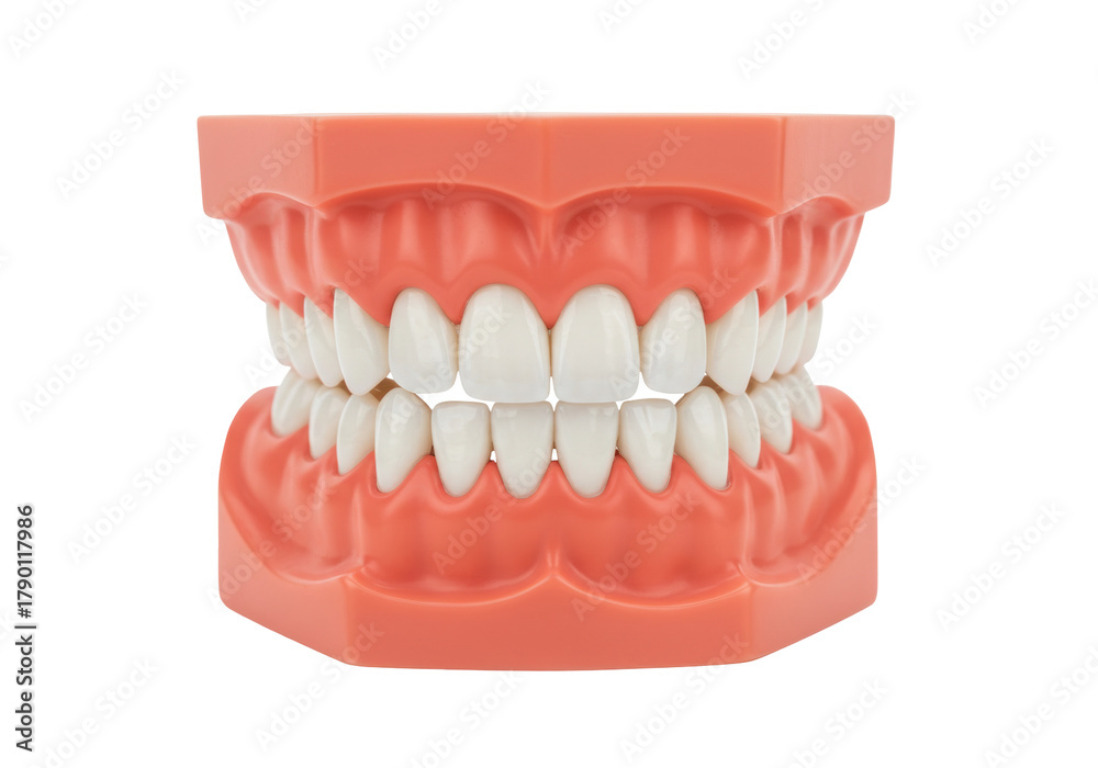 Obraz premium Isolated human teeth model with pink gums to show the importance of dental hygiene and care