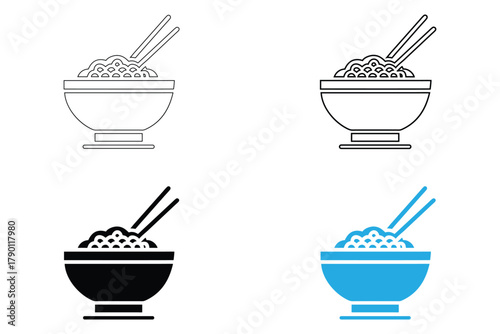 Rice bowl icon vector, rice bowl chopsticks vector, silhouette and line art