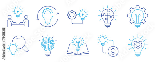 Minimalist Creativity line icons set with editable stroke, featuring originality, innovation, design, idea, innovation, vision, invest, visual thingking, drafting, geometri. thin linear illustration.