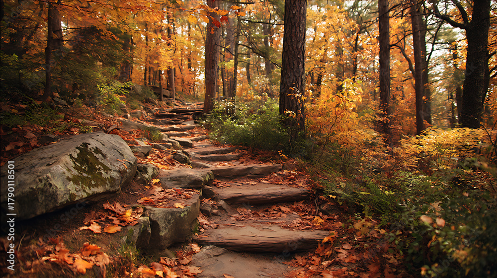 Naklejka premium Autumn forest path with stone steps and fallen leaves image