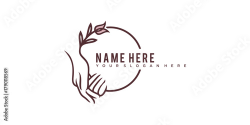 Elegant Logo Design Showcasing Gentle Hand Holding Delicate Plant with Leaves Inside Circle Frame Ideal for Natural Cosmetics Spa Salons or Personal Branding with Name and Slogan