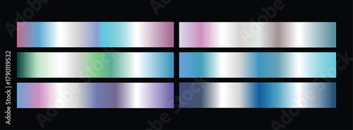 Set of metallic gradients. Metallic gradient effects for the design of text and bulletin boards, infographics.  Colorful gradients vector set. Colorful chrome metal gradients set. 