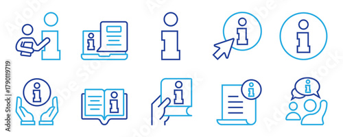 Info line icon set for help and support. Vector outline icons for instruction manual, guide, reference book, dictionary, user profile, FAQ, and customer service center.