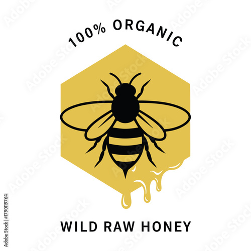 Organic honey logo with a black bee in a hexagon isolated on white background