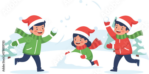 Children playing in the snow, throwing snowballs and building a snowman.