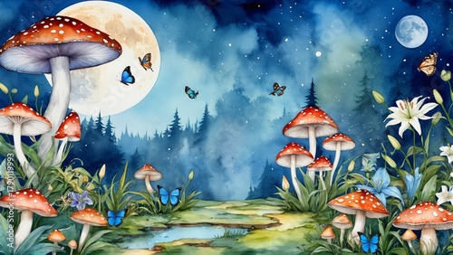 watercolor ,fantastic wonderland landscape with mushrooms, lilies flowers, morpho butterflies and moon. illustration to the fairy tale Alice in Wonderland