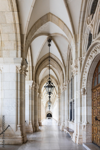 Photography Vertical view of the Gothic Revival 1883 City Hall (Wiener Rathaus) arcade, with