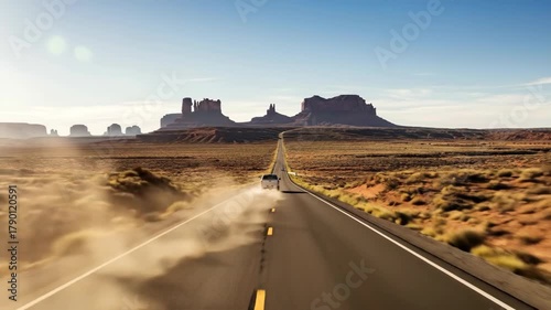Desert road journey with moving car creating dust trail against scenic rocky landscape