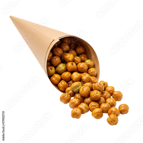 Crispy roasted chickpeas spilling from a brown paper cone