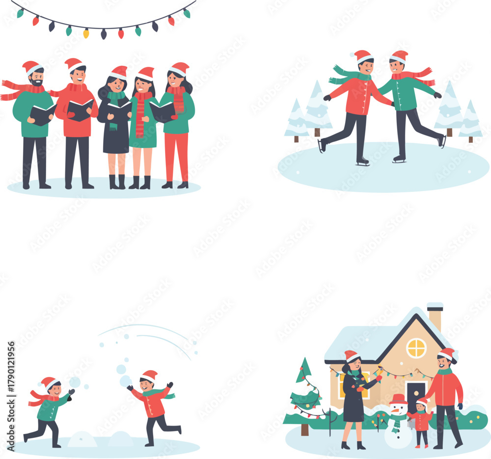 Fototapeta premium Christmas scenes: carolers, ice skating, snowball fight, and family at home.