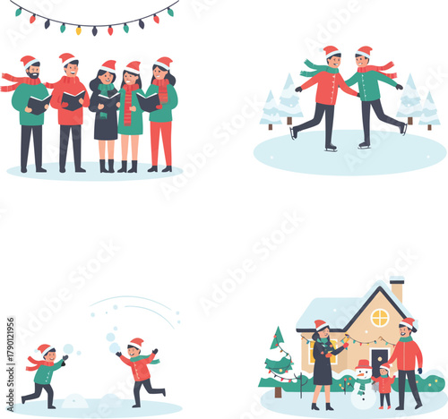 Christmas scenes: carolers, ice skating, snowball fight, and family at home.