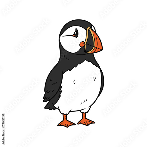 Cheerful puffin in kawaii style with bright orange details