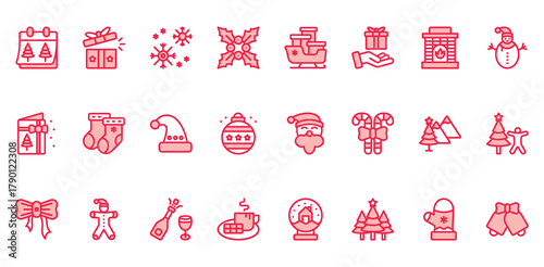Christmas icon collection set. Containing christmas, gift box, snow, sleigh, christmas card, christmas hat, santa, candy cane icon. Simple lineal red vector