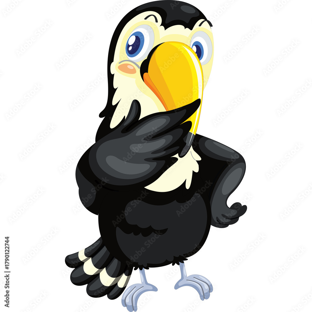 Naklejka premium Cute Cartoon Toucan Bird With Big Yellow Beak And White Chest Standing On Light Blue Feet With A Blush On Its Cheeks Against A Transparent Background