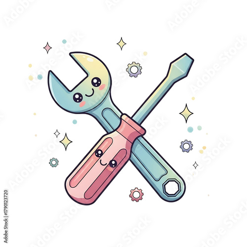 Cute cartoon wrench and screwdriver isolated on transparent background for repair service