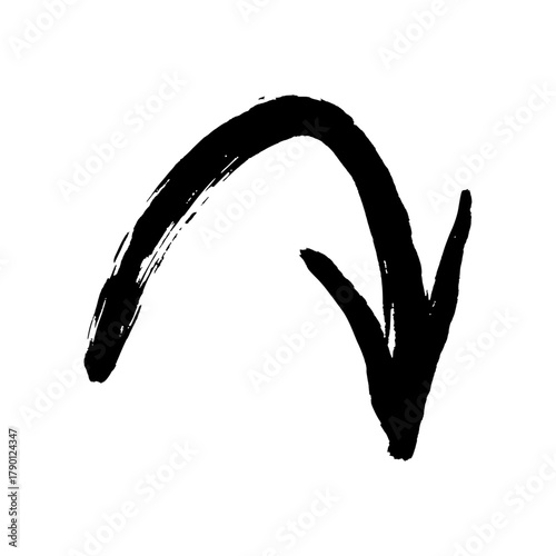 Hand-drawn brush stroke arrow pointing down and to the right