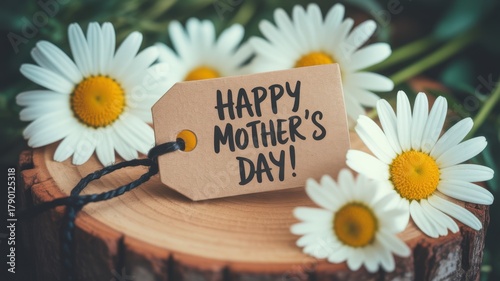 Happy mothers day message on a rustic tag surrounded by delicate daisies and a wooden slice, symbolizing love and gratitude for mothers