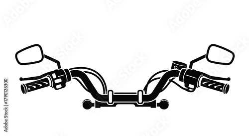 Black and white illustration of motorcycle handlebars with mirrors and controls