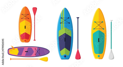 Colorful collection of paddle boards and paddles a vibrant summer scene