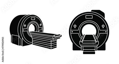 Simple black and white illustration of two magnetic resonance imaging machines
