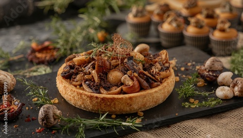 Fototapeta Naklejka Na Ścianę i Meble -  Mushroom tart dish, featuring savory mushrooms in a catering setting, ideal for buffet-style service