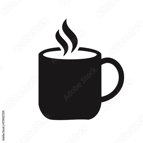 Black silhouette icon of a hot steaming mug, perfect for coffee, tea, or any warm beverage