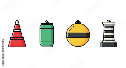 A vibrant row of nautical and safety icons including a lighthouse and buoy