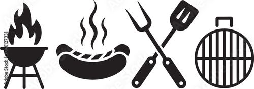 Grilling Icons Set – Black Silhouettes of BBQ Tools, Hot Food, and Flame for Outdoor Cooking Design