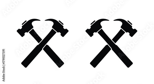 A graphic representation of two pairs of crossed black hammer silhouettes