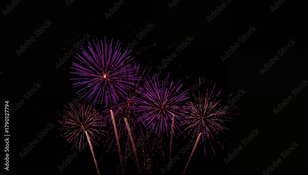 Fototapeta premium The night sky illuminated with vibrant purple fireworks, creating a festive atmosphere