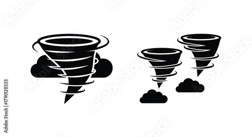 Black and white illustration depicting three swirling tornadoes and dark clouds