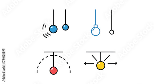 A collection of simple physics illustrations depicting pendulums and motion