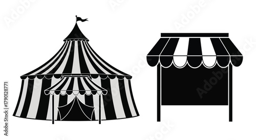 Simple black and white illustration of a circus tent and market stall