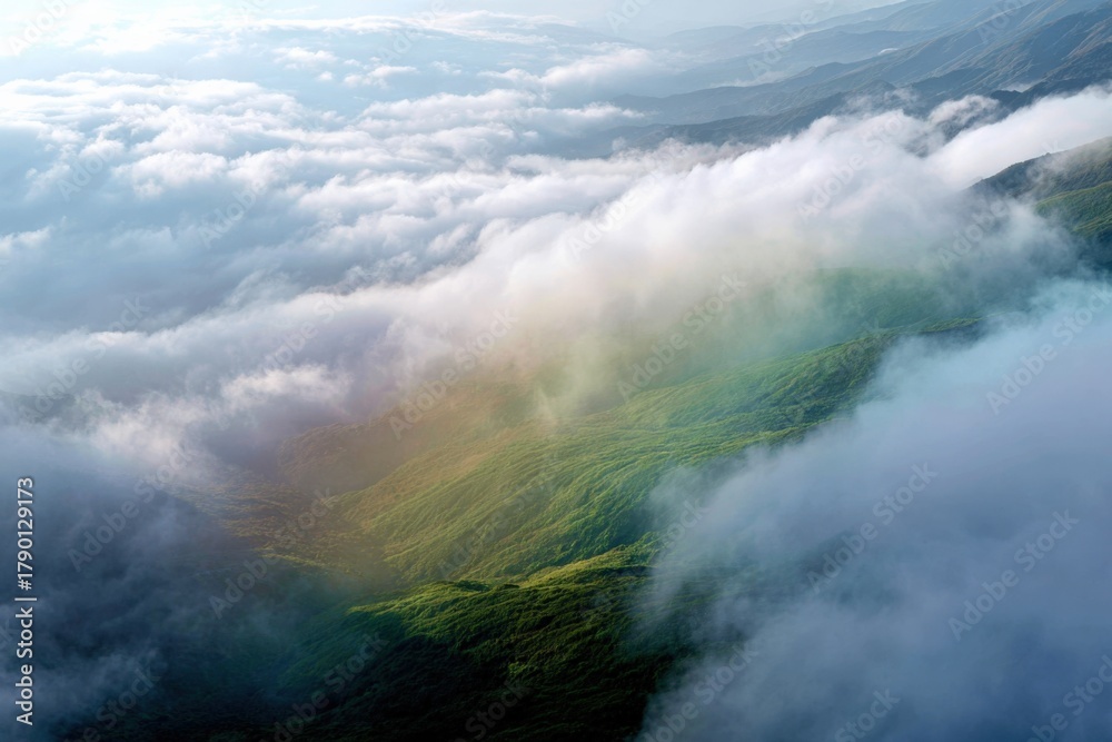 Obraz premium Serene mountain landscape with lush green hills and misty clouds