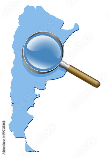 Simple blue Argentina country map outline being closely examined by a magnifying glass. Concept for geographical study or travel focus. (cut out)