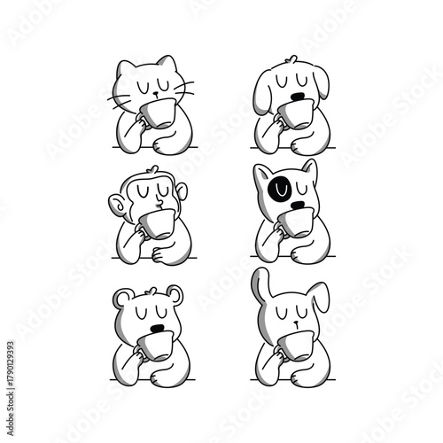 CUTE ANIMAL IS DRINKING A CUP OF COFFEE ILLUSTRATION SET