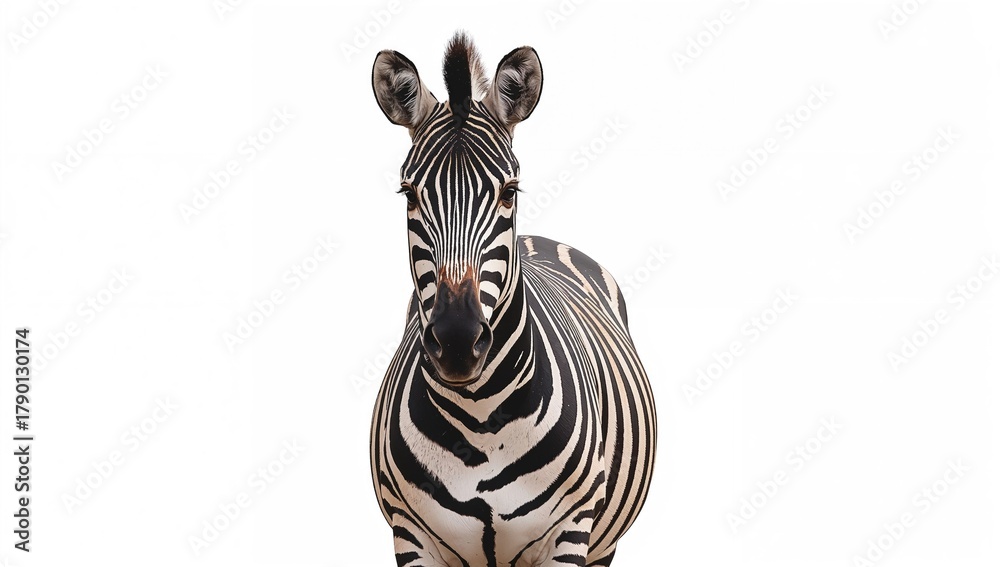 Fototapeta premium Zebra isolated against a plain backdrop, highlighting the animal's striking black and white stripes