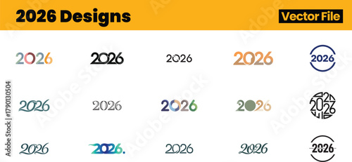 Stylish 2026 Design Collection Featuring Sixteen Unique Typographic Variations Arranged in a Four-by-Four Grid with Bold Colors and Decorative Graphic Treatments