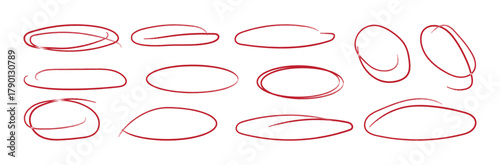 Set of red pen hand drawn doodle marks, red circle and oval stroke set. Outline red drawing line clipart symbol