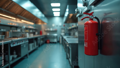 Pro kitchen features fire extinguisher. Restaurant kitchen includes stainless steel equipment, food prep area. Eatery ensures safety via firefighting readiness. Commercial cooking area ready.