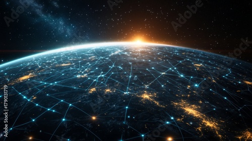 A global digital network spanning the entire planet, with luminous blue streams of light representing connections and the flow of information	