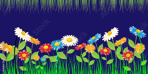 spring flowers background. Beautiful floral border. Colorful sunflowers, asters, chamomiles, lilies and other garden flowers on black background. 