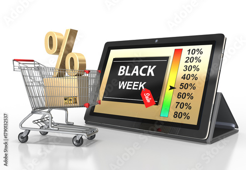 Black Week, Friday als 3d Tablet mit Einkaufswagen, Warenkorb mit Prozentzeichen auf Karton auf freigestellt