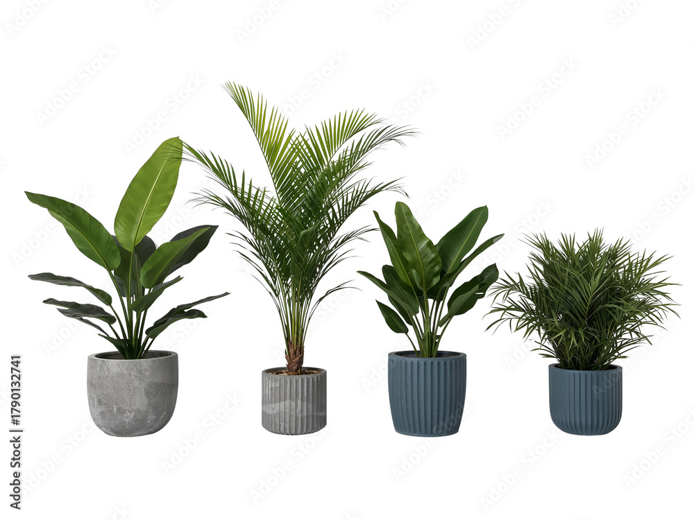 Fototapeta premium Four tropical potted houseplants isolated for interior design elements.