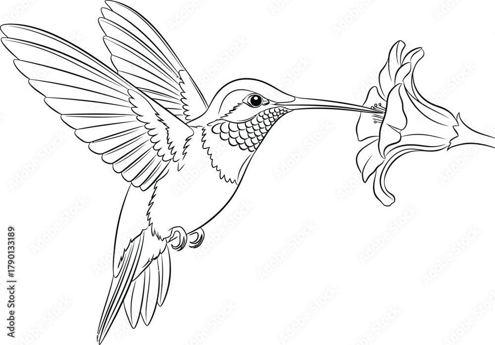 Fototapeta premium Hummingbird in Flight Hovering Over a Flower in Fine Line Art