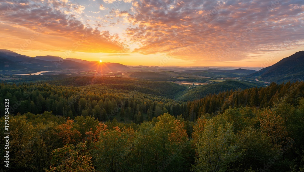 Fototapeta premium Vibrant sunset over a mountain range, showcasing natural beauty and seasonal change