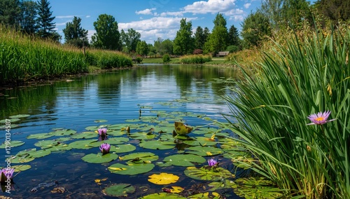 Fototapeta Naklejka Na Ścianę i Meble -  Water lilies alongside a Boise stream in a park, summer nature setting, preservation