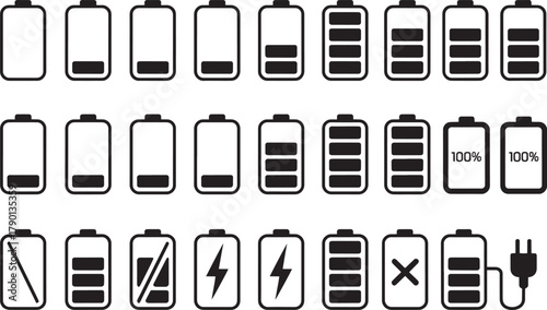 Battery charge level indicator icons set
