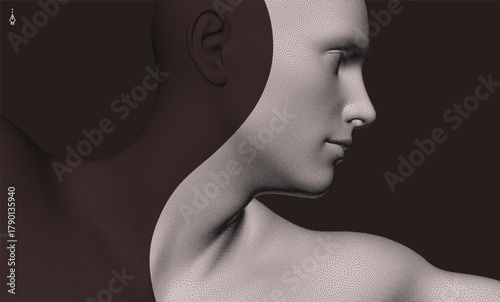 Human head in profile. Facial recognition. Color mask effect. Concept of technology, anonymity, social distancing. Cybersecurity. 3D vector  for cover, card, interior design, etc.